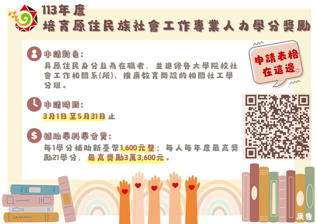 【113年度培育原住民族社會工作專業人力學分獎勵，開放申請！】