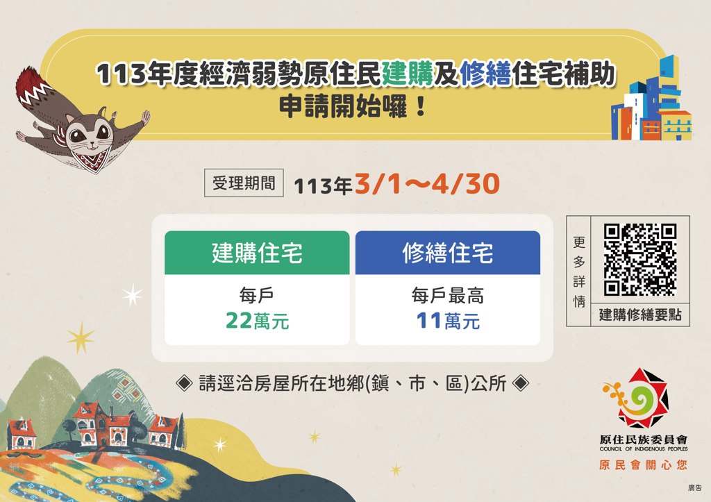 【113年度補助經濟弱勢原住民建購及修繕住宅作業申請開始囉！】