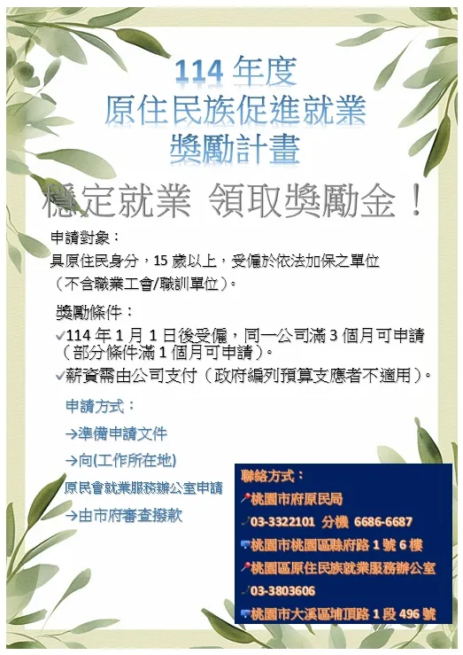 114年度 原住民族促進就業獎勵計畫