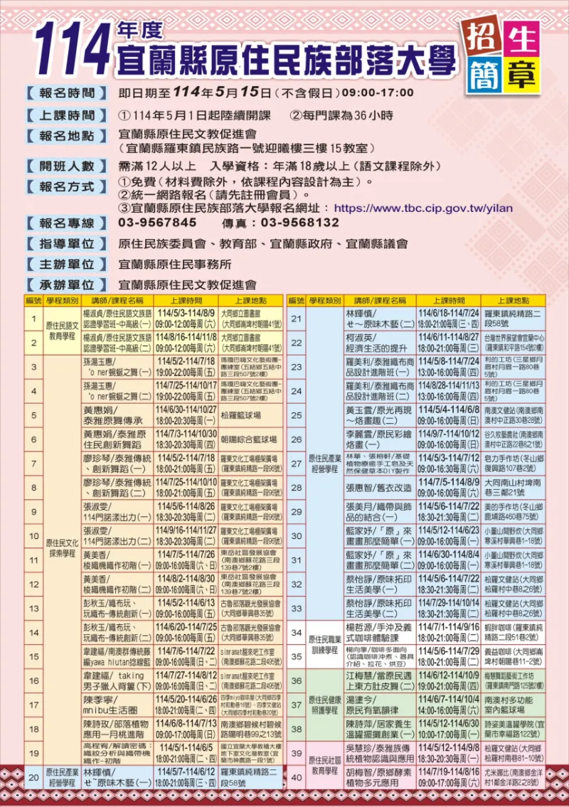 114年度宜蘭縣原住民族部落大學開始報名嘍，歡迎踴躍報名!