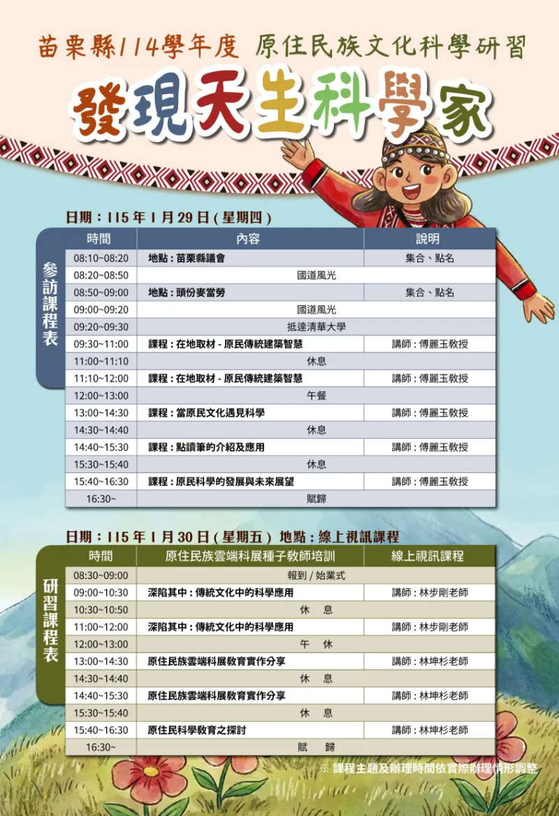 苗栗縣原住民族教育資源中心114年度「發現天生科學家」原住民族文化科學研習