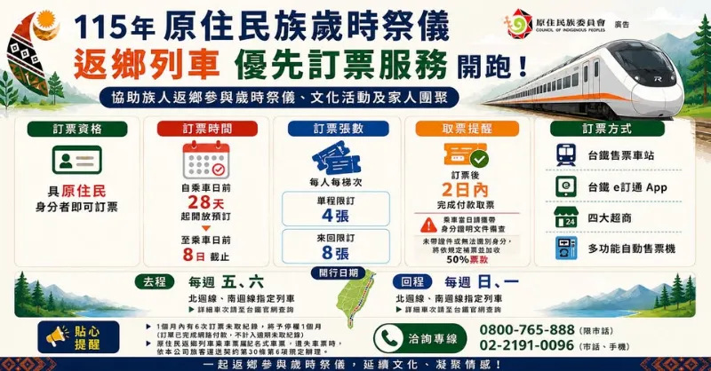 原住民族歲時祭儀列車訂票通知